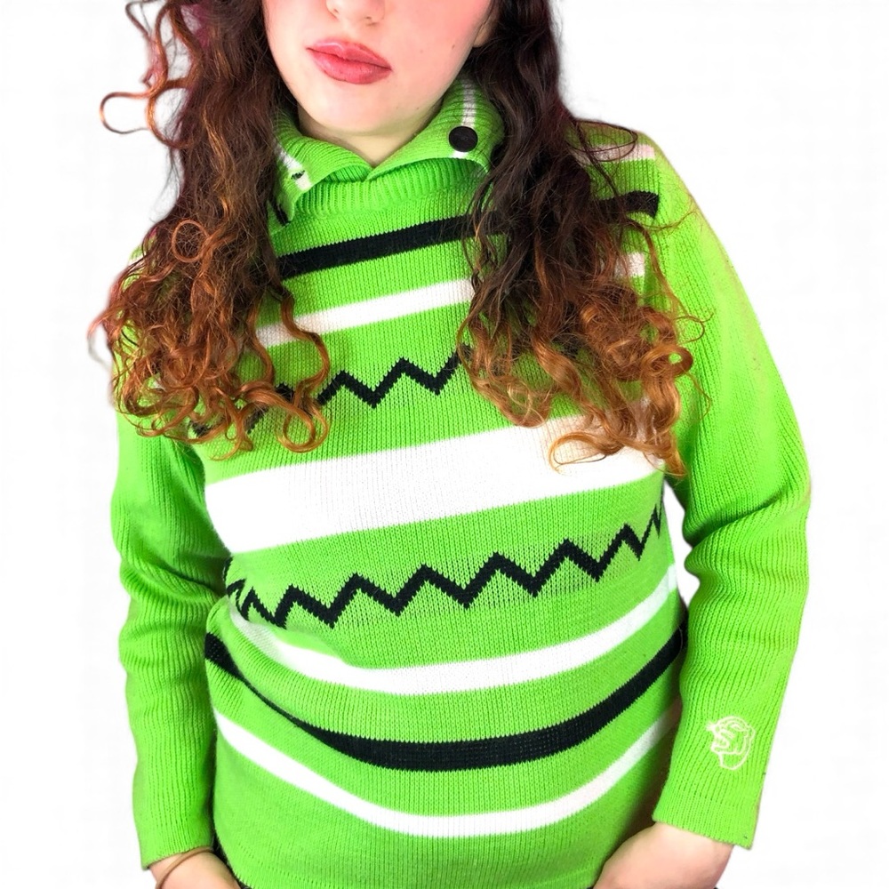 Vintage Funky bright Green and White Striped Sweater